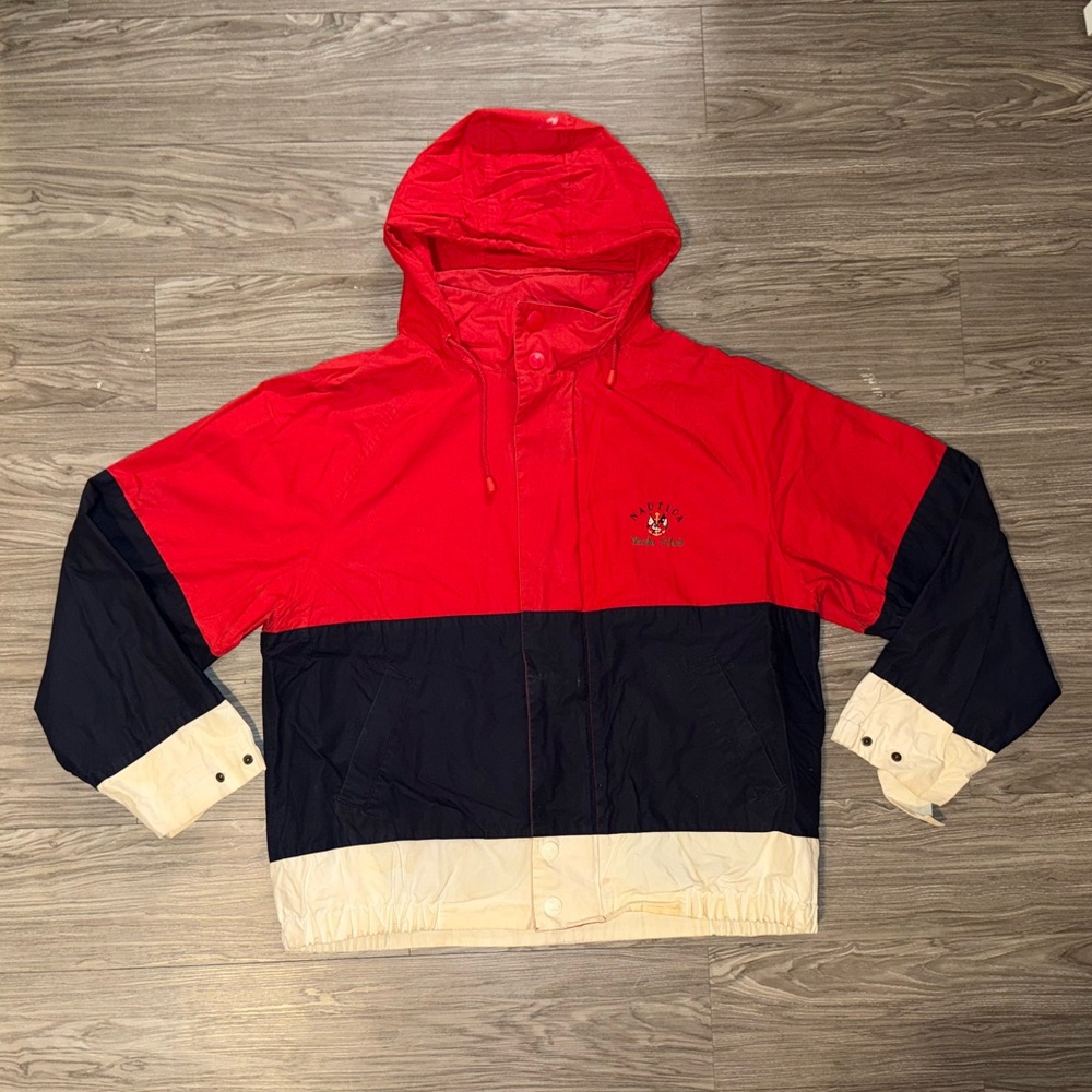 Vtg Nautica Parka Men XL Rain Jacket Hooded Yacht Club Big Logo Nylon Red/Blue